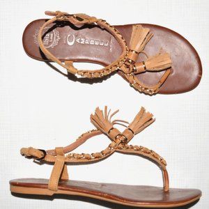 JEFFREY CAMPBELL SZ 7.5 BROWN GOLD CHAIN TASSELS THONG FLAT GLADIATOR SANDALS